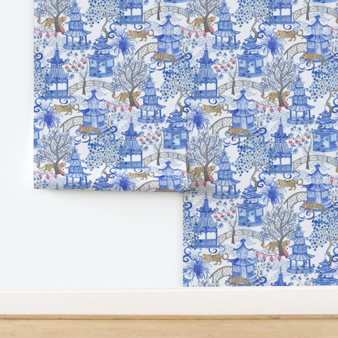 Pagoda Forest Chinese Chinoiserie Lanterns Leopard Blue White Toile Cobalt Asian Trending Custom Removable Wallpaper by Spoonflower Peel & Stick Wallpaper 2FT Wide
